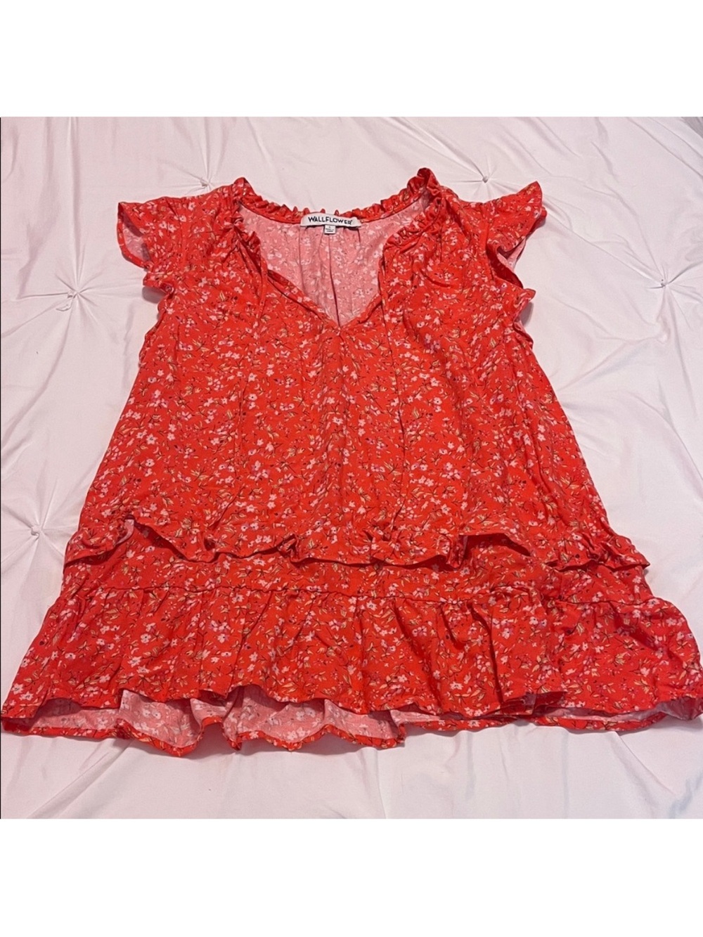 Wallflower Coral Red Floral Ruffle Tunic